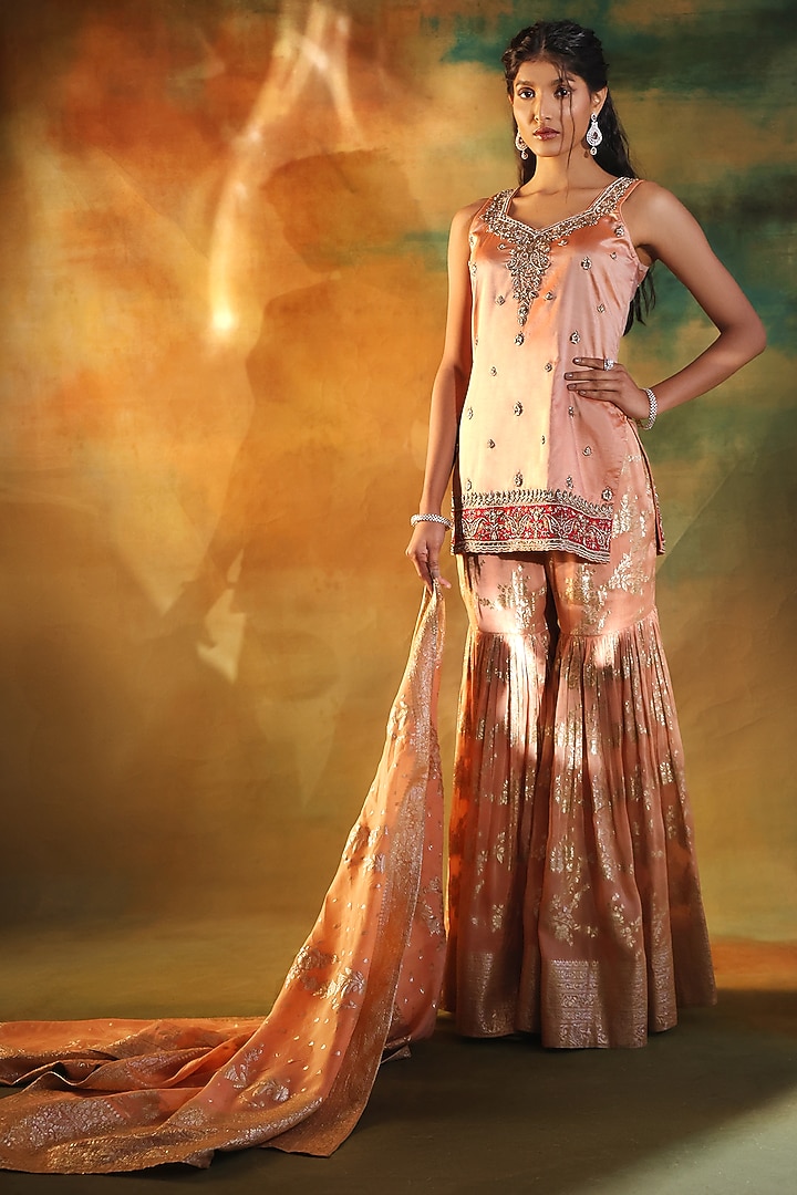 Gold Jacquard Hand Embroidered Wedding Sharara Set by MeenaGurnam at Pernia's Pop Up Shop
