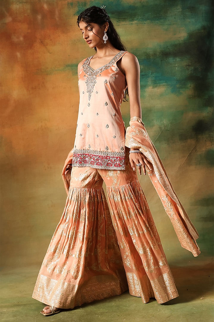 Gold Jacquard Hand Embroidered Wedding Sharara Set by MeenaGurnam at Pernia's Pop Up Shop