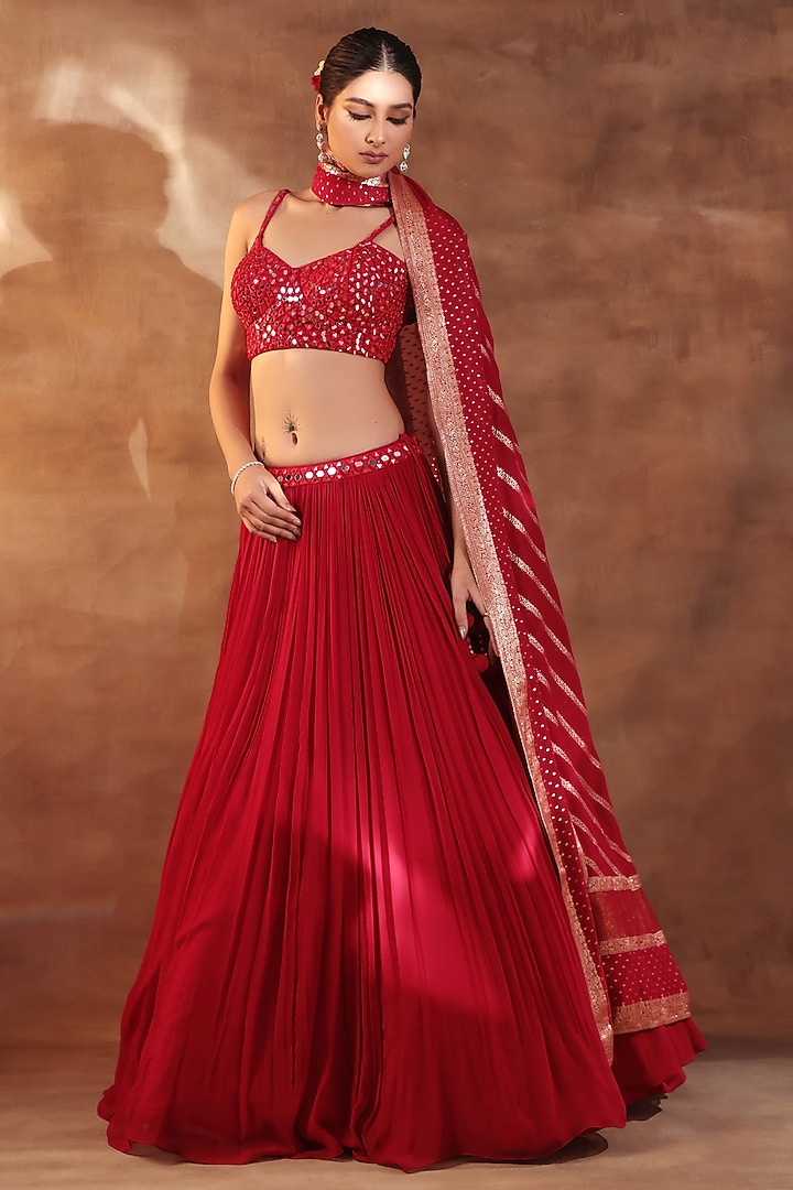 Red Net & Georgette Threadwork Lehenga Set by MeenaGurnam at Pernia's Pop Up Shop
