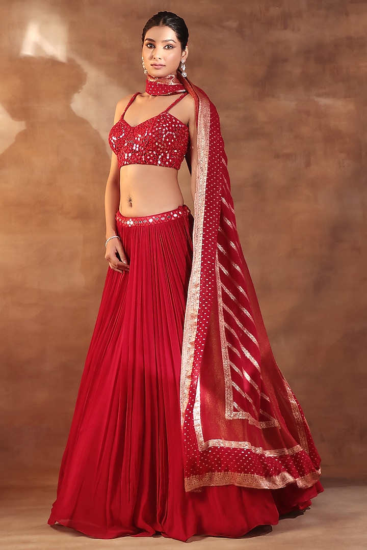 Red Net & Georgette Threadwork Lehenga Set by MeenaGurnam at Pernia's Pop Up Shop