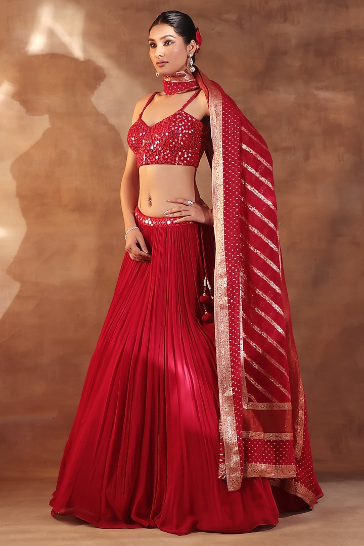 Red Net & Georgette Threadwork Lehenga Set by MeenaGurnam at Pernia's Pop Up Shop