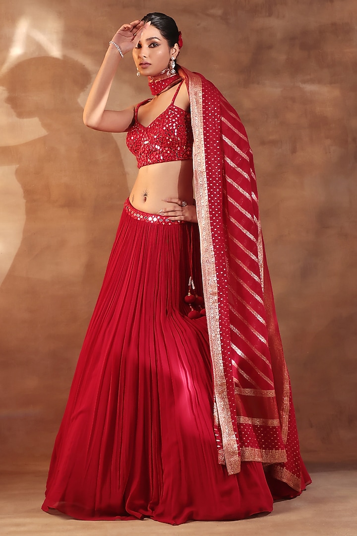 Red Net & Georgette Threadwork Lehenga Set by MeenaGurnam at Pernia's Pop Up Shop