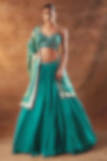 Teal Net & Georgette Threadwork Lehenga Set by MeenaGurnam at Pernia's Pop Up Shop
