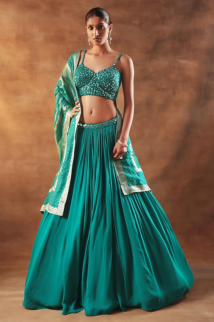Teal Net & Georgette Threadwork Lehenga Set by MeenaGurnam at Pernia's Pop Up Shop