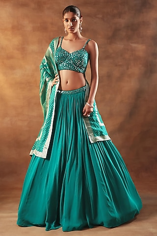 Teal Net & Georgette Threadwork Lehenga Set by MeenaGurnam