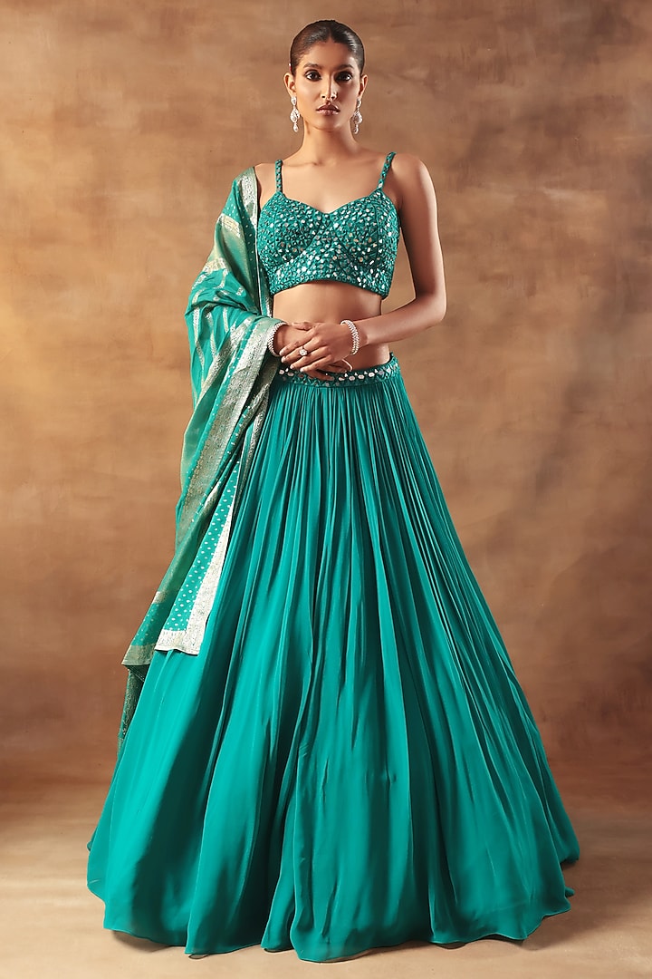 Teal Net & Georgette Threadwork Lehenga Set by MeenaGurnam at Pernia's Pop Up Shop