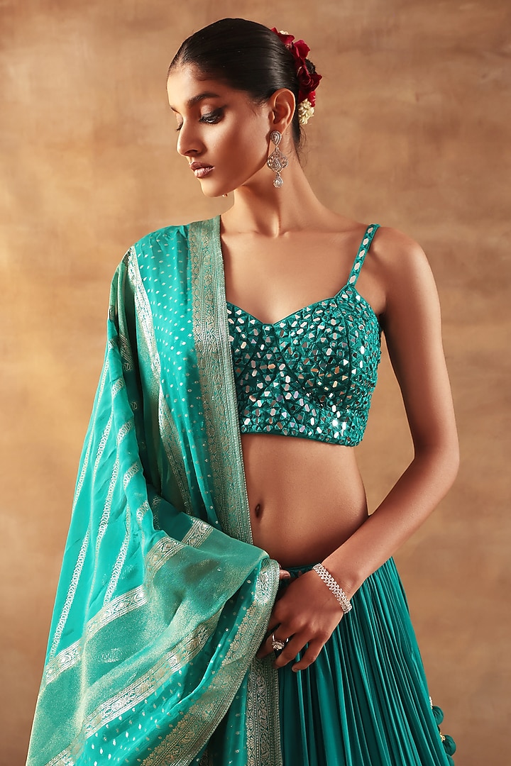 Teal Net & Georgette Threadwork Lehenga Set by MeenaGurnam at Pernia's Pop Up Shop