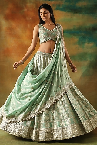 Sea Green Jacquard Tissue Cutdana Embellished Lehenga Set by MeenaGurnam