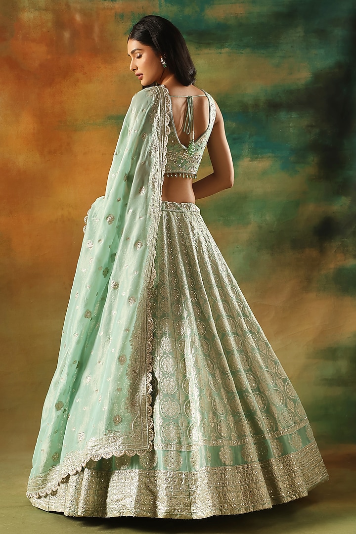 Sea Green Jacquard Tissue Cutdana Embellished Wedding Lehenga Set by MeenaGurnam at Pernia's Pop Up Shop