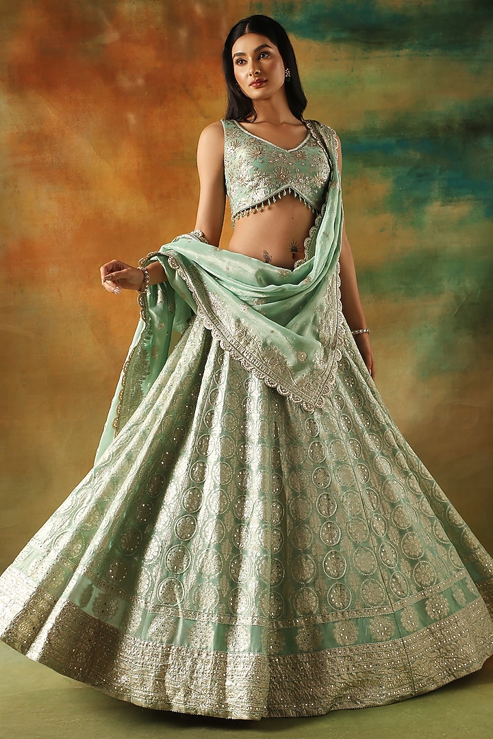 Sea Green Jacquard Tissue Cutdana Embellished Wedding Lehenga Set by MeenaGurnam at Pernia's Pop Up Shop