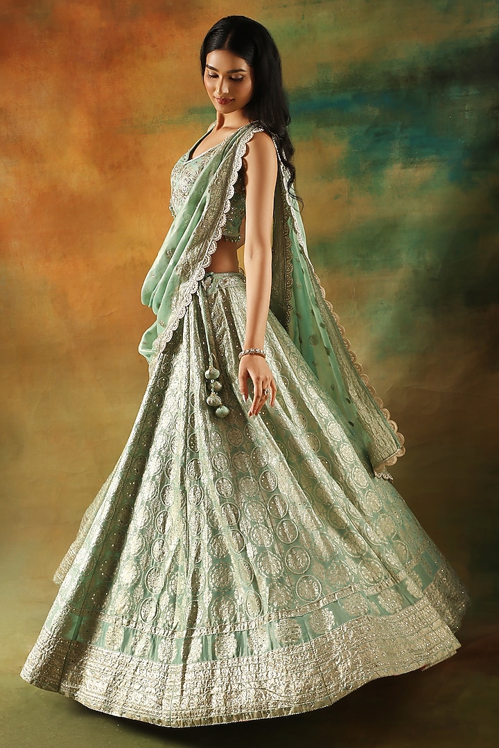 Sea Green Jacquard Tissue Cutdana Embellished Wedding Lehenga Set by MeenaGurnam at Pernia's Pop Up Shop
