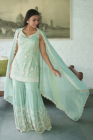 Ice Blue Tissue Gharara Set by MeenaGurnam