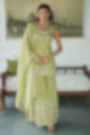 Sage Green Tissue Gharara Set by MeenaGurnam at Pernia's Pop Up Shop