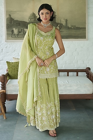 Sage Green Tissue Gharara Set by MeenaGurnam