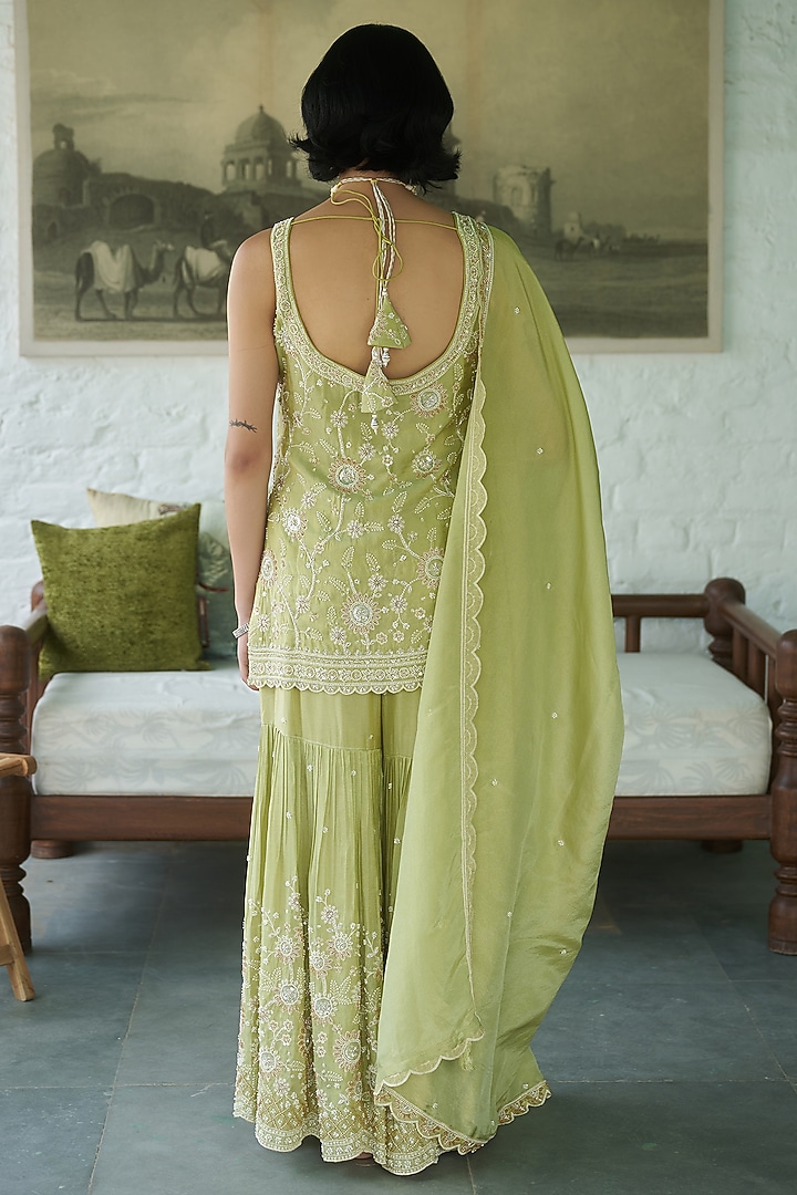 Sage Green Tissue Gharara Set by MeenaGurnam at Pernia's Pop Up Shop
