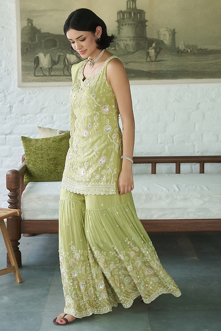 Sage Green Tissue Gharara Set by MeenaGurnam at Pernia's Pop Up Shop