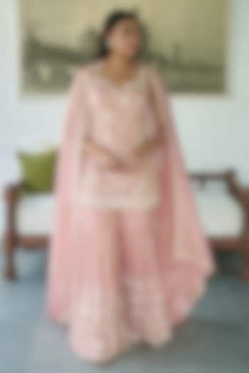 Peachy Pink Tissue Floral Jaal Work Gharara Set by MeenaGurnam at Pernia's Pop Up Shop