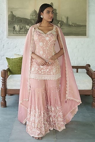 Peachy Pink Tissue Floral Jaal Work Gharara Set by MeenaGurnam