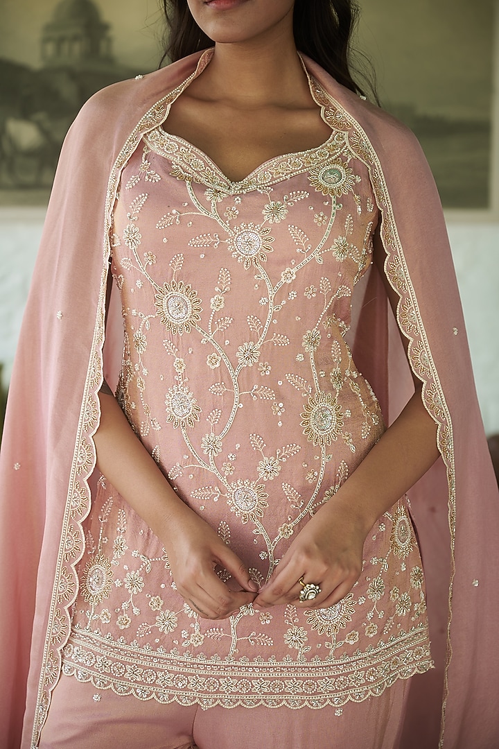Peachy Pink Tissue Floral Jaal Work Gharara Set by MeenaGurnam at Pernia's Pop Up Shop
