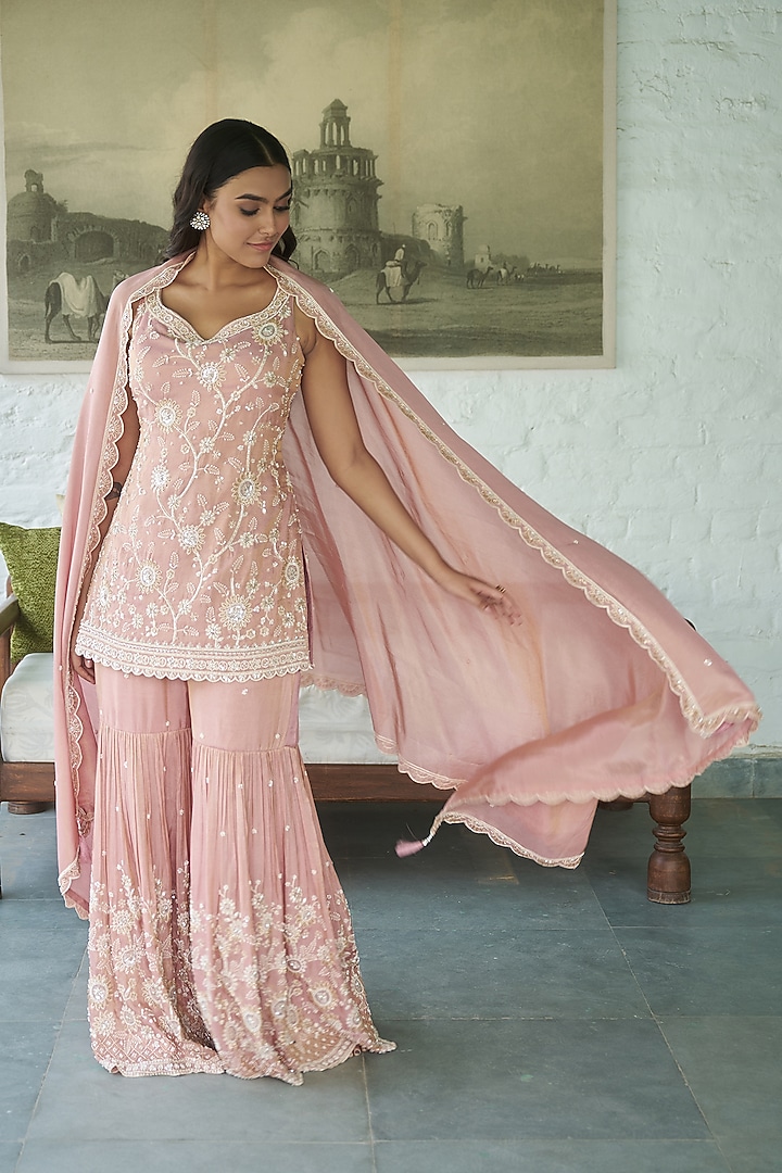 Peachy Pink Tissue Floral Jaal Work Gharara Set by MeenaGurnam at Pernia's Pop Up Shop