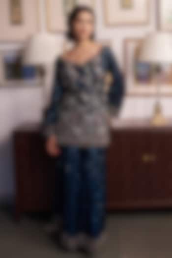 Blue Georgette Resham Embellished Wedding Sharara Set by MeenaGurnam at Pernia's Pop Up Shop