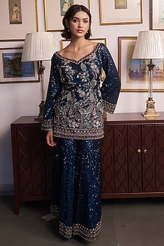 Blue Georgette Resham Embellished Sharara Set by MeenaGurnam