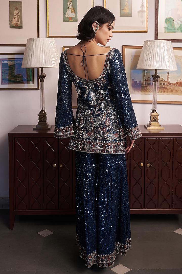 Blue Georgette Resham Embellished Wedding Sharara Set by MeenaGurnam at Pernia's Pop Up Shop