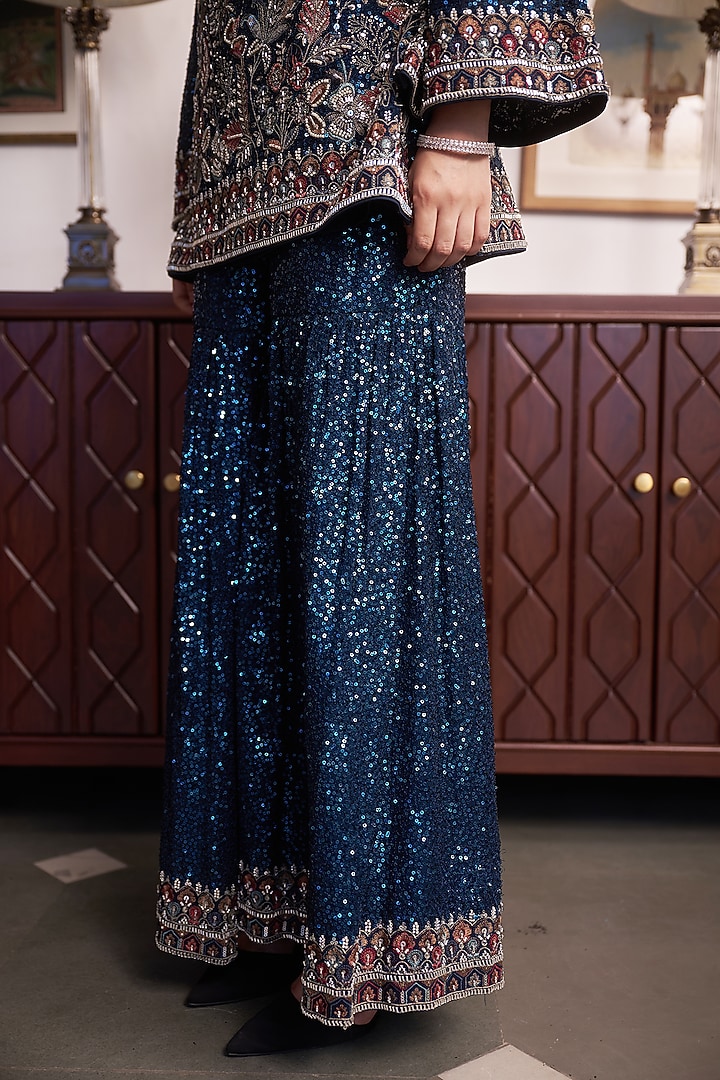 Blue Georgette Resham Embellished Wedding Sharara Set by MeenaGurnam at Pernia's Pop Up Shop