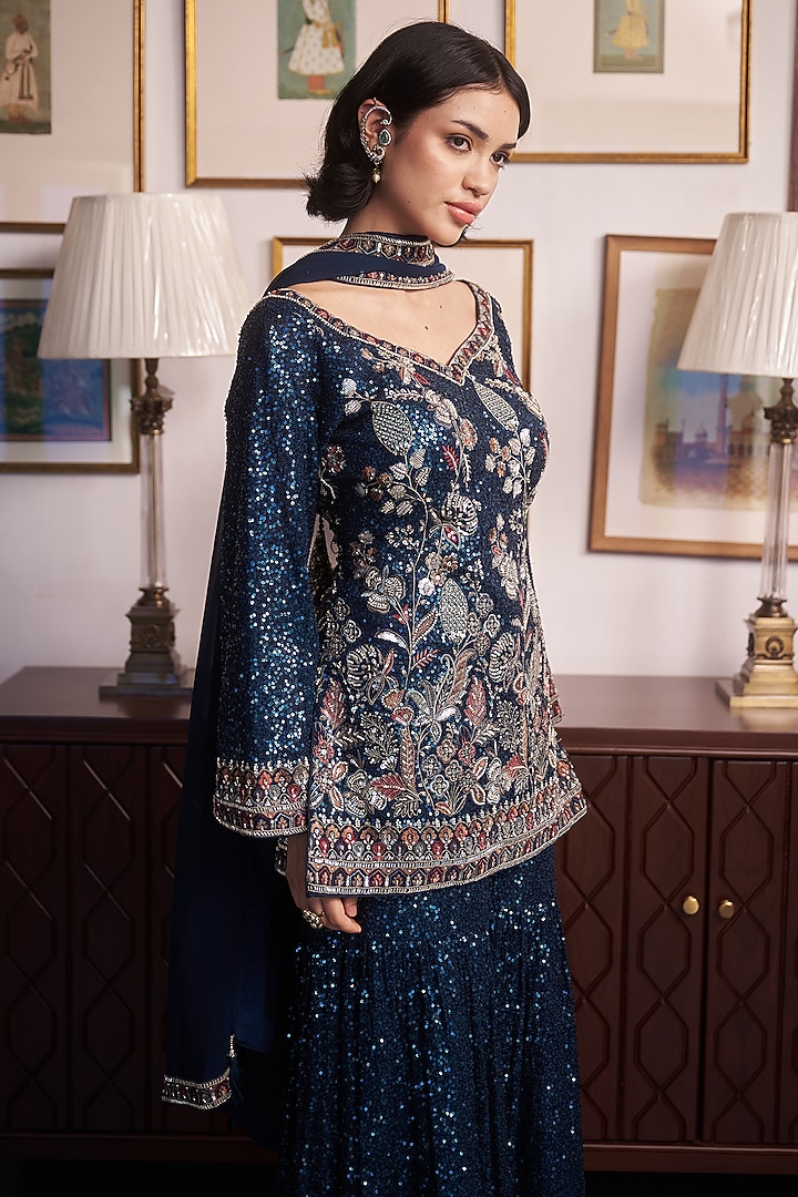 Blue Georgette Resham Embellished Wedding Sharara Set by MeenaGurnam at Pernia's Pop Up Shop