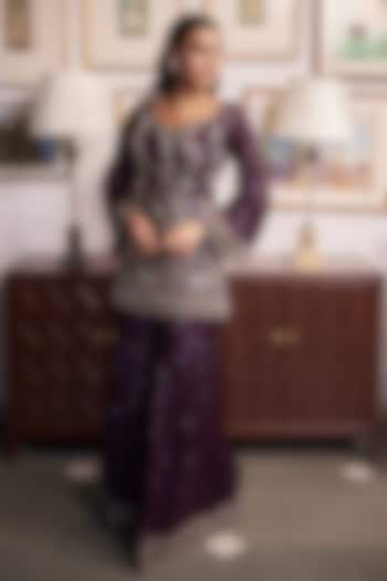 Purple Georgette Resham Embellished Wedding Sharara Set by MeenaGurnam at Pernia's Pop Up Shop