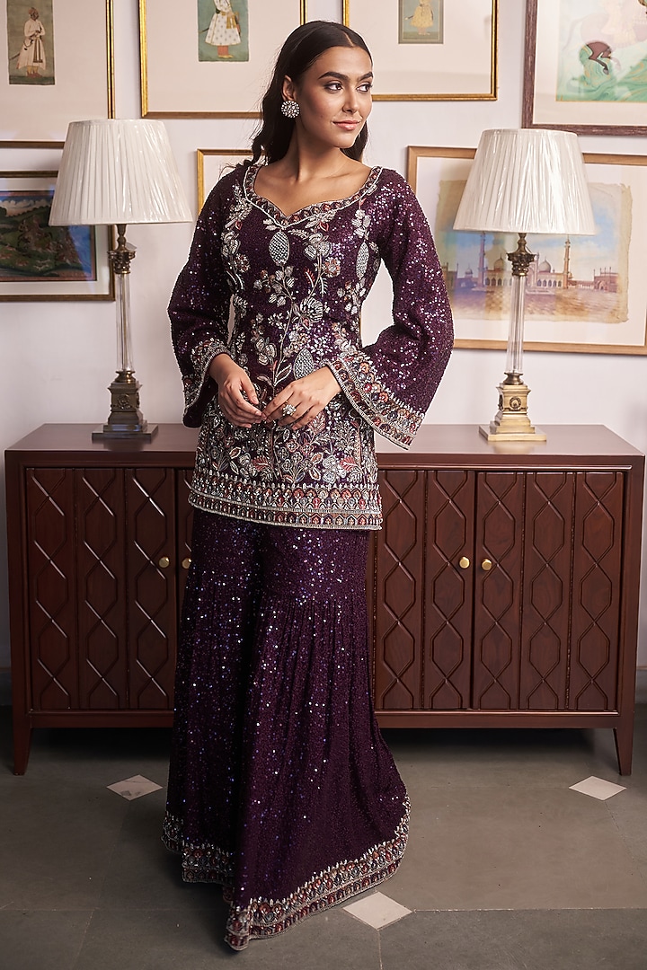 Purple Georgette Resham Embellished Wedding Sharara Set by MeenaGurnam at Pernia's Pop Up Shop