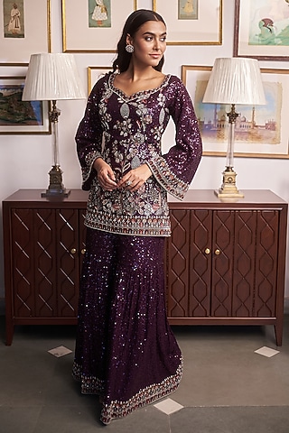 Purple Georgette Resham Embellished Sharara Set by MeenaGurnam