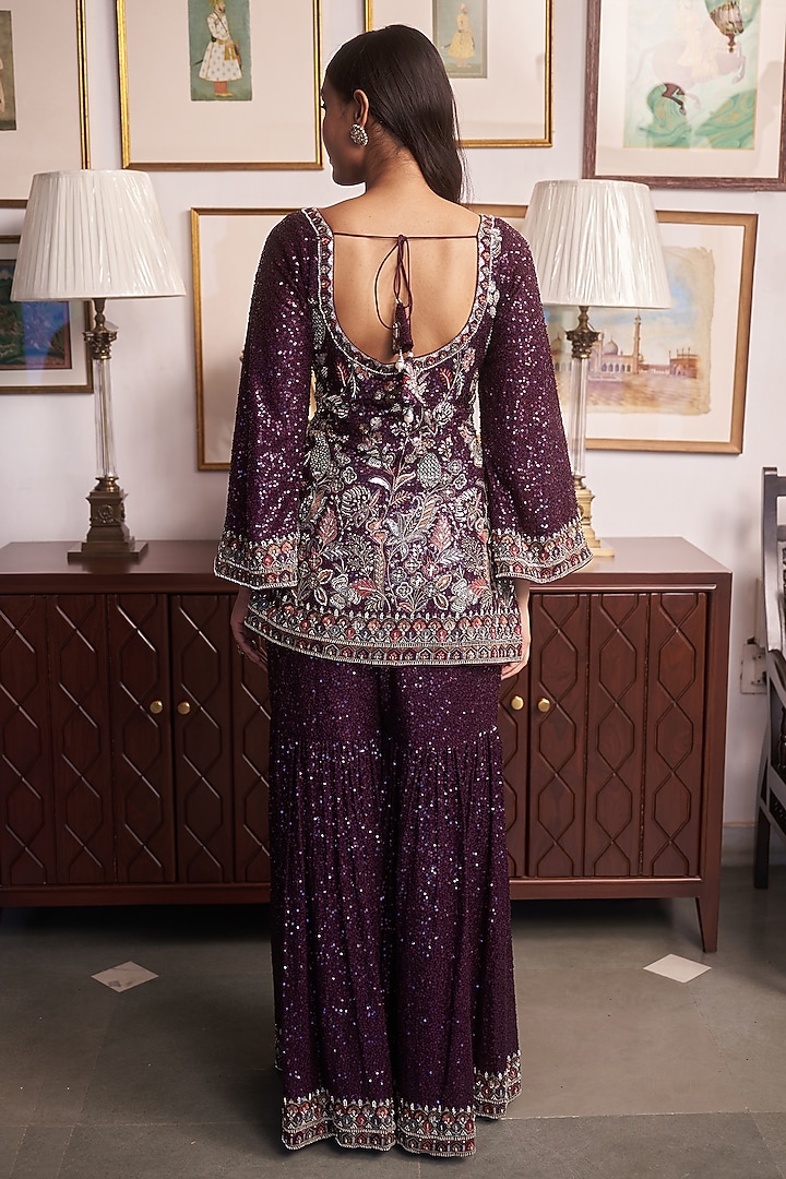 Purple Georgette Resham Embellished Wedding Sharara Set by MeenaGurnam at Pernia's Pop Up Shop