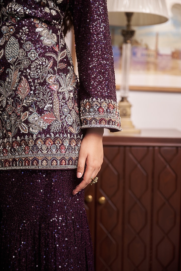 Purple Georgette Resham Embellished Wedding Sharara Set by MeenaGurnam at Pernia's Pop Up Shop