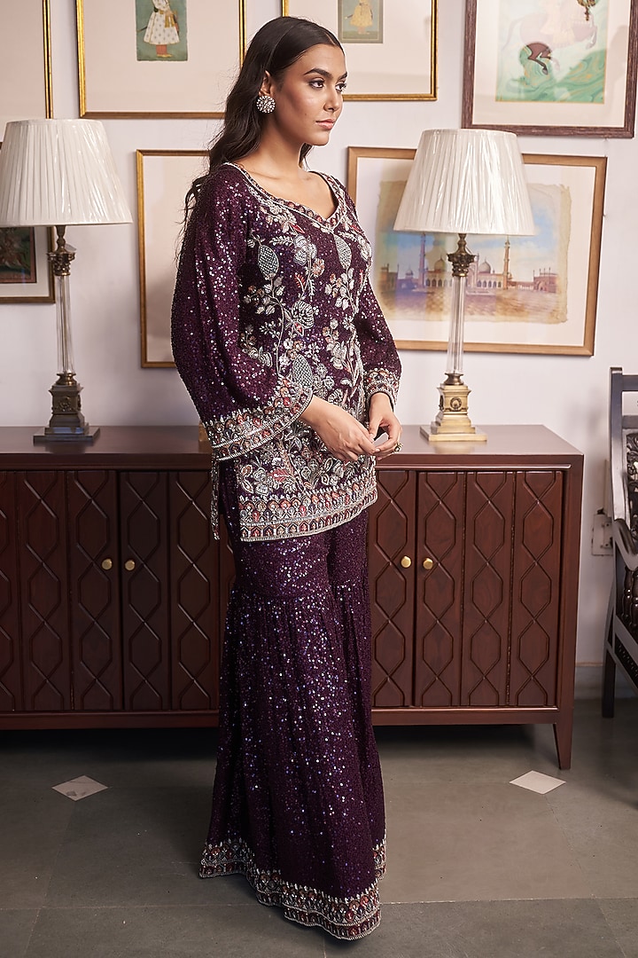 Purple Georgette Resham Embellished Wedding Sharara Set by MeenaGurnam at Pernia's Pop Up Shop