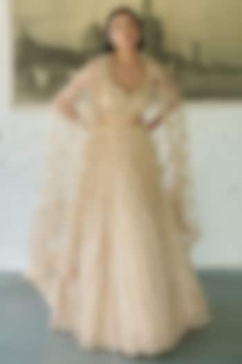 Ivory Net Resham Embellished Wedding Lehenga Set by MeenaGurnam at Pernia's Pop Up Shop