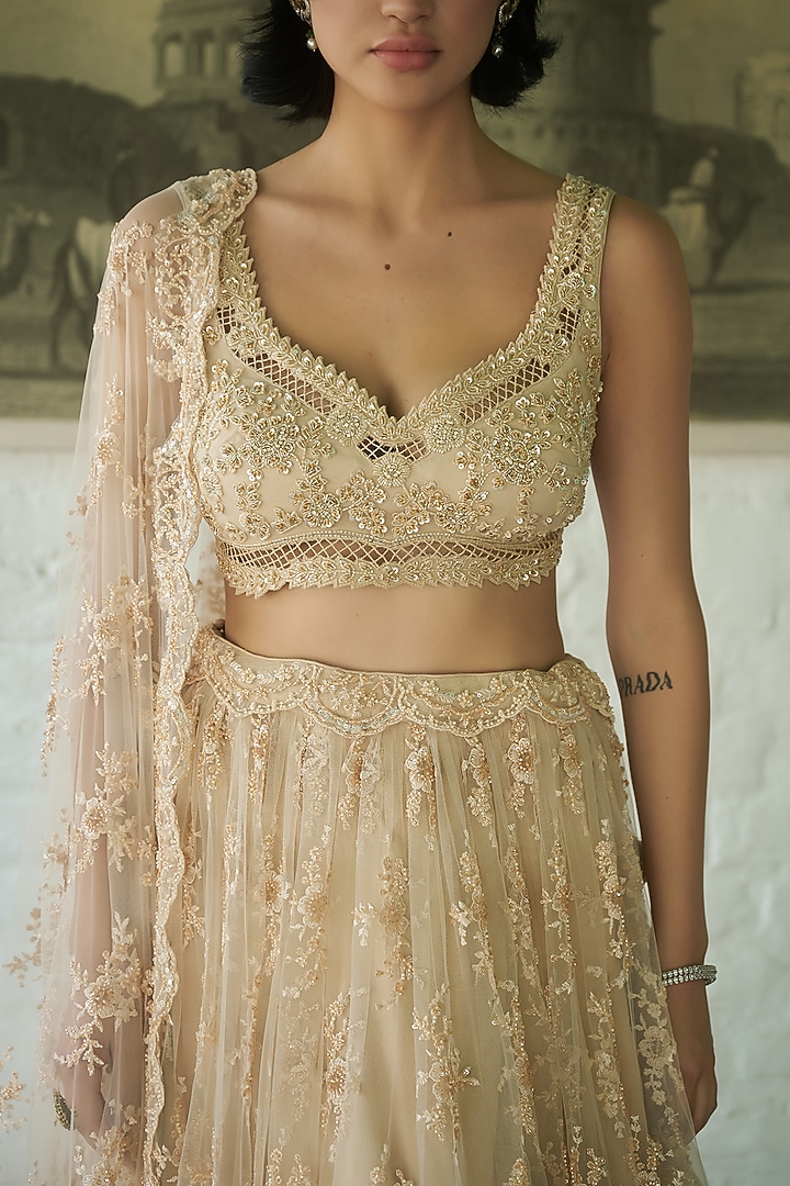 Ivory Net Resham Embellished Wedding Lehenga Set by MeenaGurnam at Pernia's Pop Up Shop