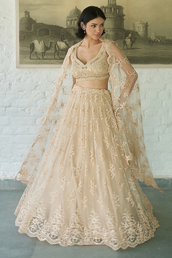 Ivory Net Resham Embellished Wedding Lehenga Set by MeenaGurnam at Pernia's Pop Up Shop