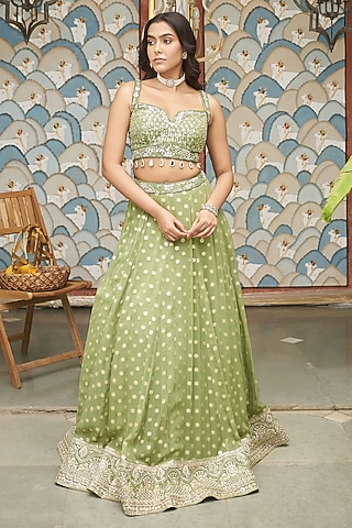Pista Green Georgette Dori Embellished Lehenga Set by MeenaGurnam