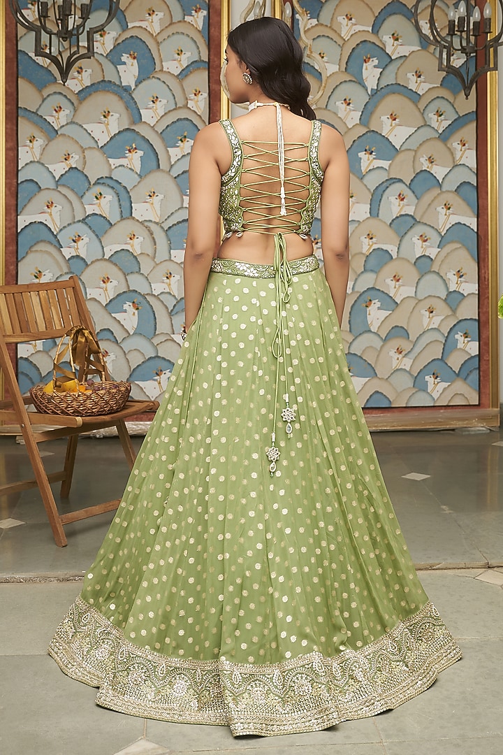 Pista Green Georgette Dori Embellished Wedding Lehenga Set by MeenaGurnam at Pernia's Pop Up Shop