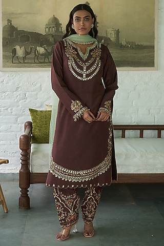 Coffee Brown Silk Sequins Embellished Kurta Set by MeenaGurnam