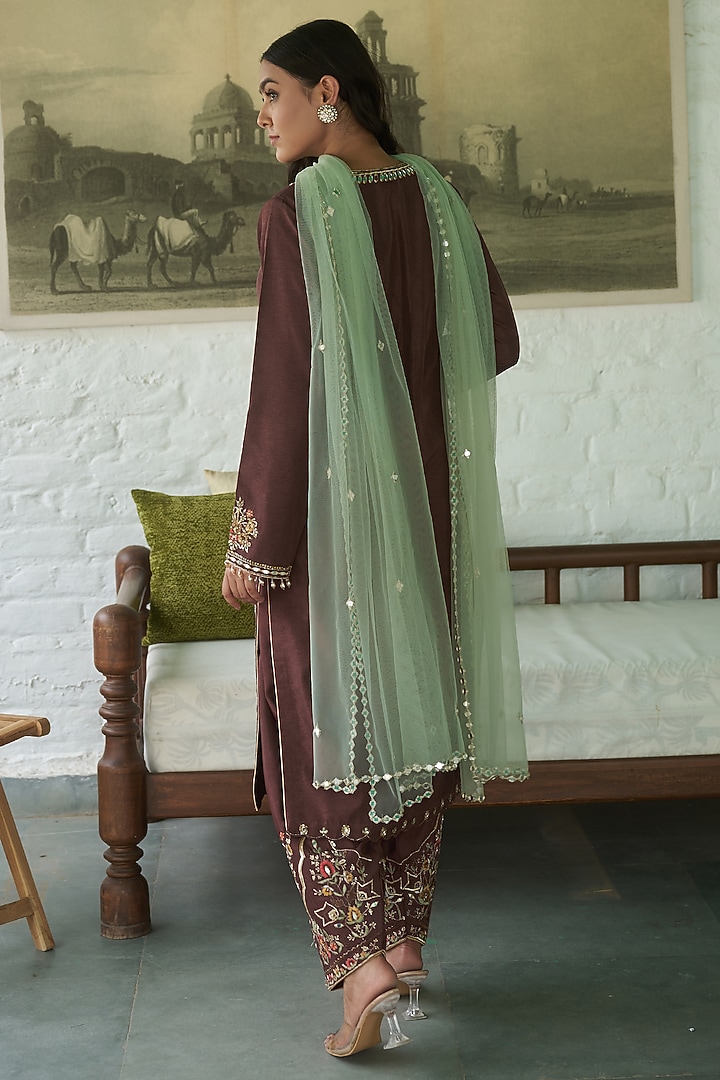 Coffee Brown Silk Sequins Embellished Kurta Set by MeenaGurnam at Pernia's Pop Up Shop