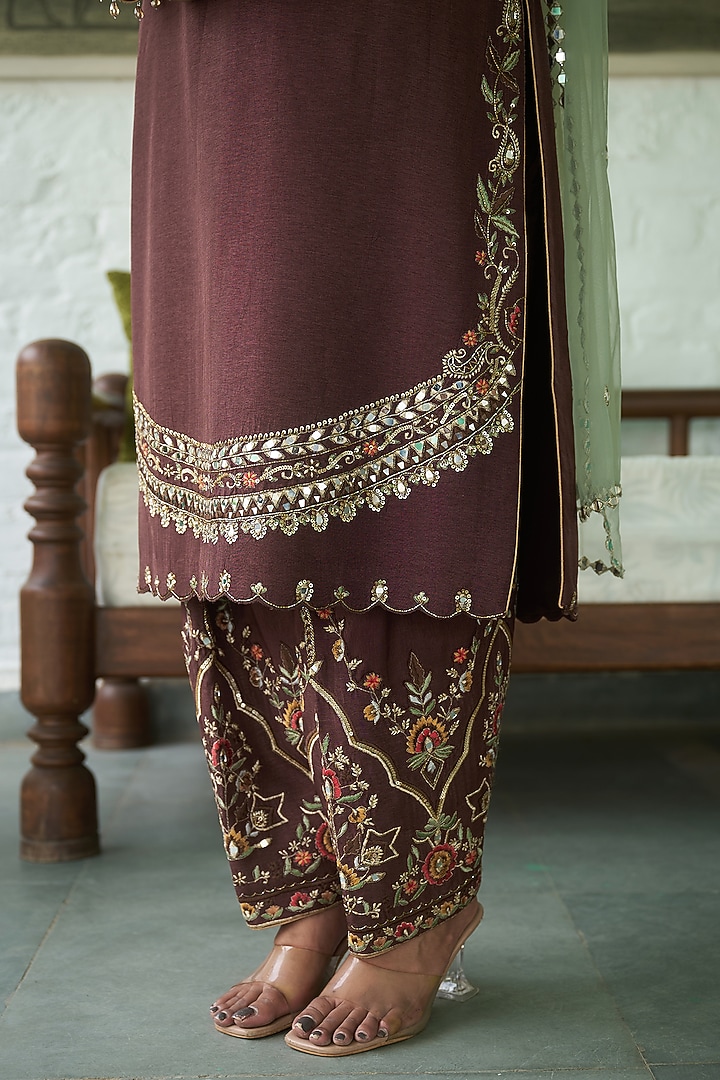 Coffee Brown Silk Sequins Embellished Kurta Set by MeenaGurnam at Pernia's Pop Up Shop
