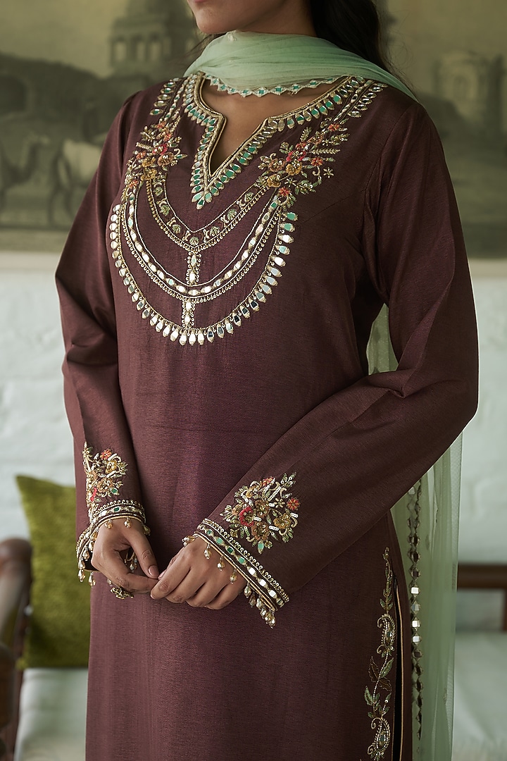 Coffee Brown Silk Sequins Embellished Kurta Set by MeenaGurnam at Pernia's Pop Up Shop