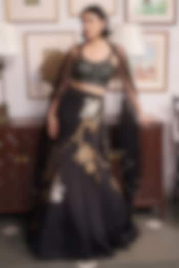 Black Jacquard Cutdana Embellished Wedding Lehenga Set by MeenaGurnam at Pernia's Pop Up Shop