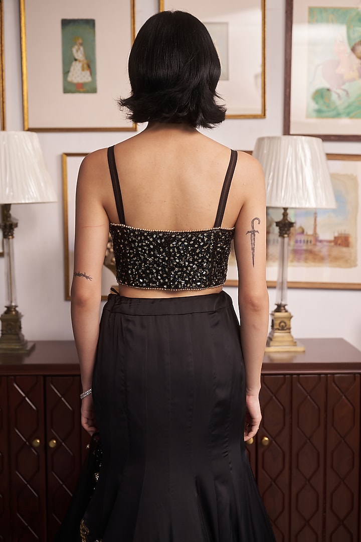 Black Jacquard Cutdana Embellished Wedding Lehenga Set by MeenaGurnam at Pernia's Pop Up Shop