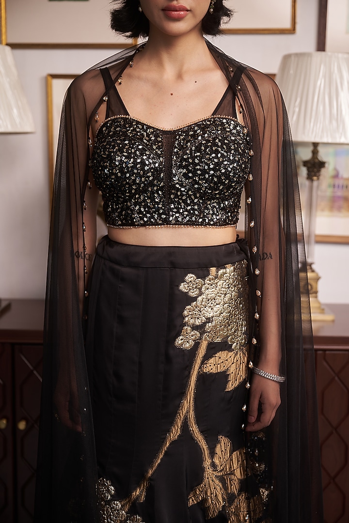 Black Jacquard Cutdana Embellished Wedding Lehenga Set by MeenaGurnam at Pernia's Pop Up Shop