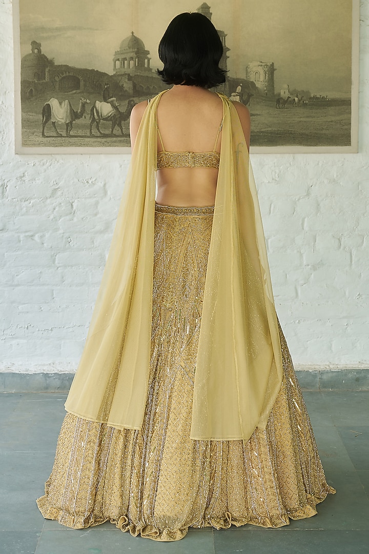 Gold Net Sequins Embellished Wedding Lehenga Set by MeenaGurnam at Pernia's Pop Up Shop