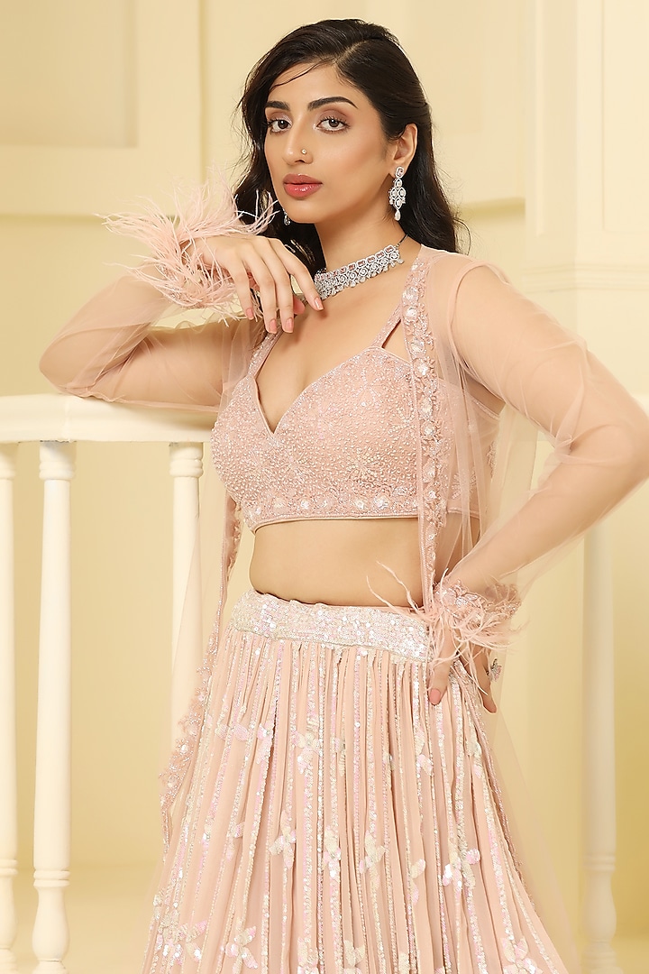 Peach Georgette Hand Embellished Jacket Wedding Lehenga Set by MeenaGurnam at Pernia's Pop Up Shop