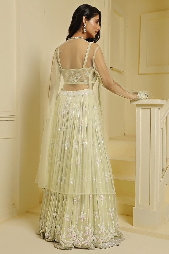 Sea Green Georgette Hand Embellished Jacket Wedding Lehenga Set by MeenaGurnam at Pernia's Pop Up Shop